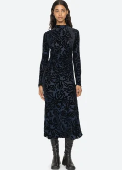 Alia Stretch Burnout Velvet Dress ~Navy