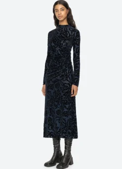Alia Stretch Burnout Velvet Dress ~Navy
