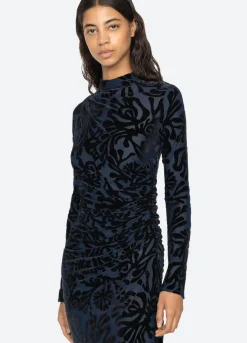 Alia Stretch Burnout Velvet Dress ~Navy
