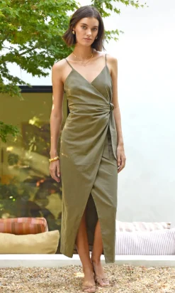 Aniston Wrap Tie Dress Linen Slip ~ Deep Olive