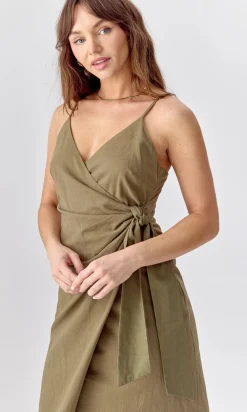 Aniston Wrap Tie Dress Linen Slip ~ Deep Olive