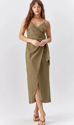 Aniston Wrap Tie Dress Linen Slip ~ Deep Olive