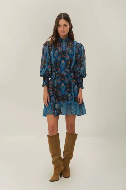 Arabesque Floral Blue High Neck Mini Dress