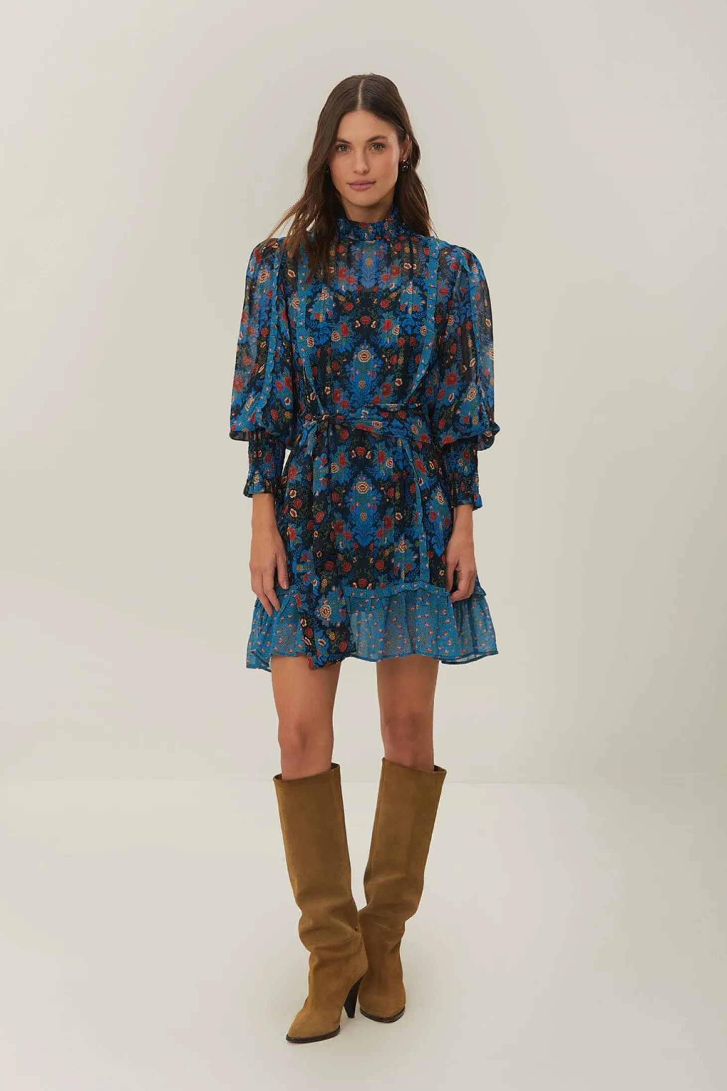 Arabesque Floral Blue High Neck Mini Dress