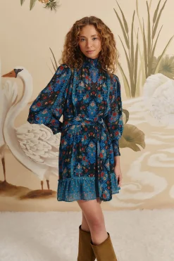Arabesque Floral Blue High Neck Mini Dress