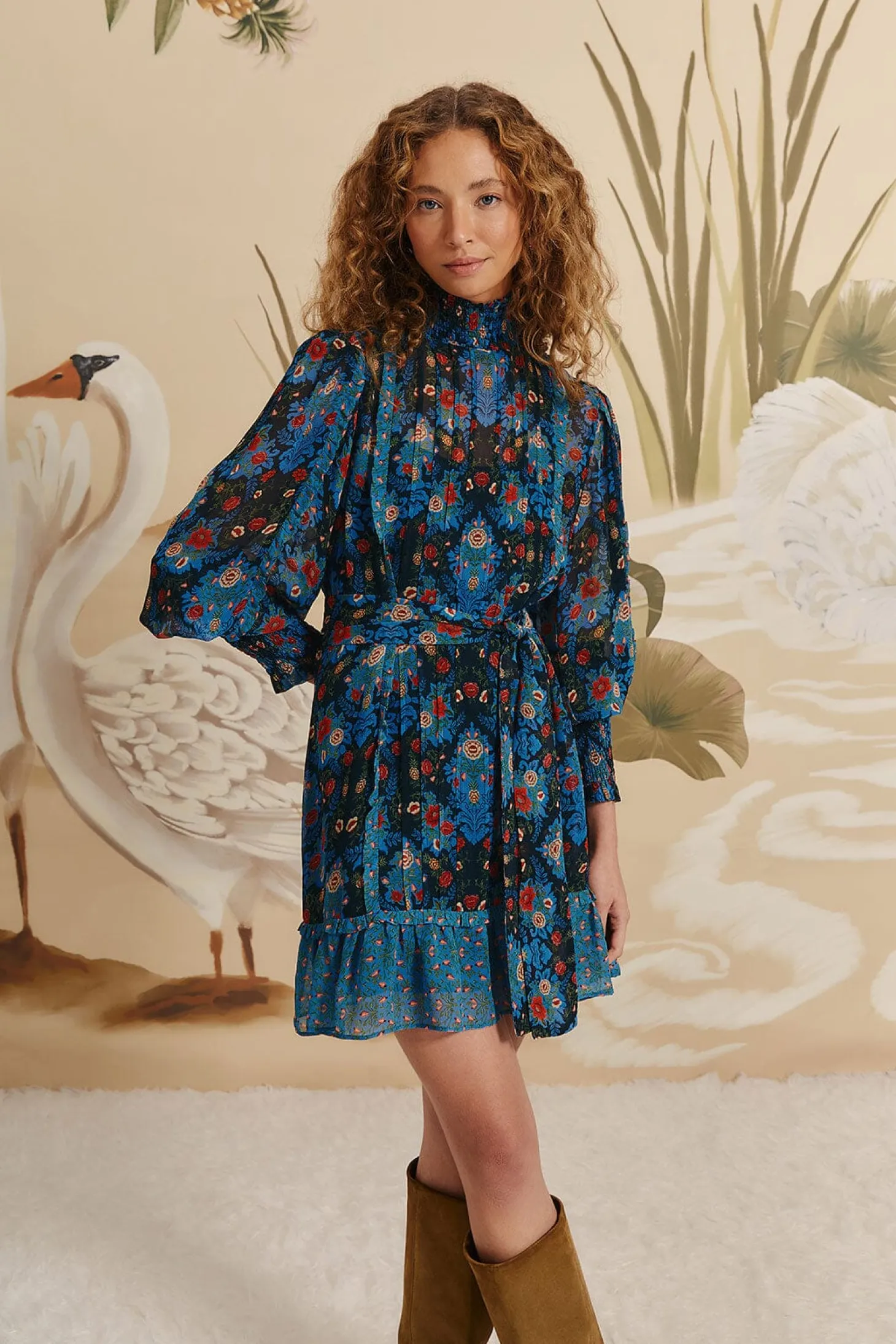 Arabesque Floral Blue High Neck Mini Dress