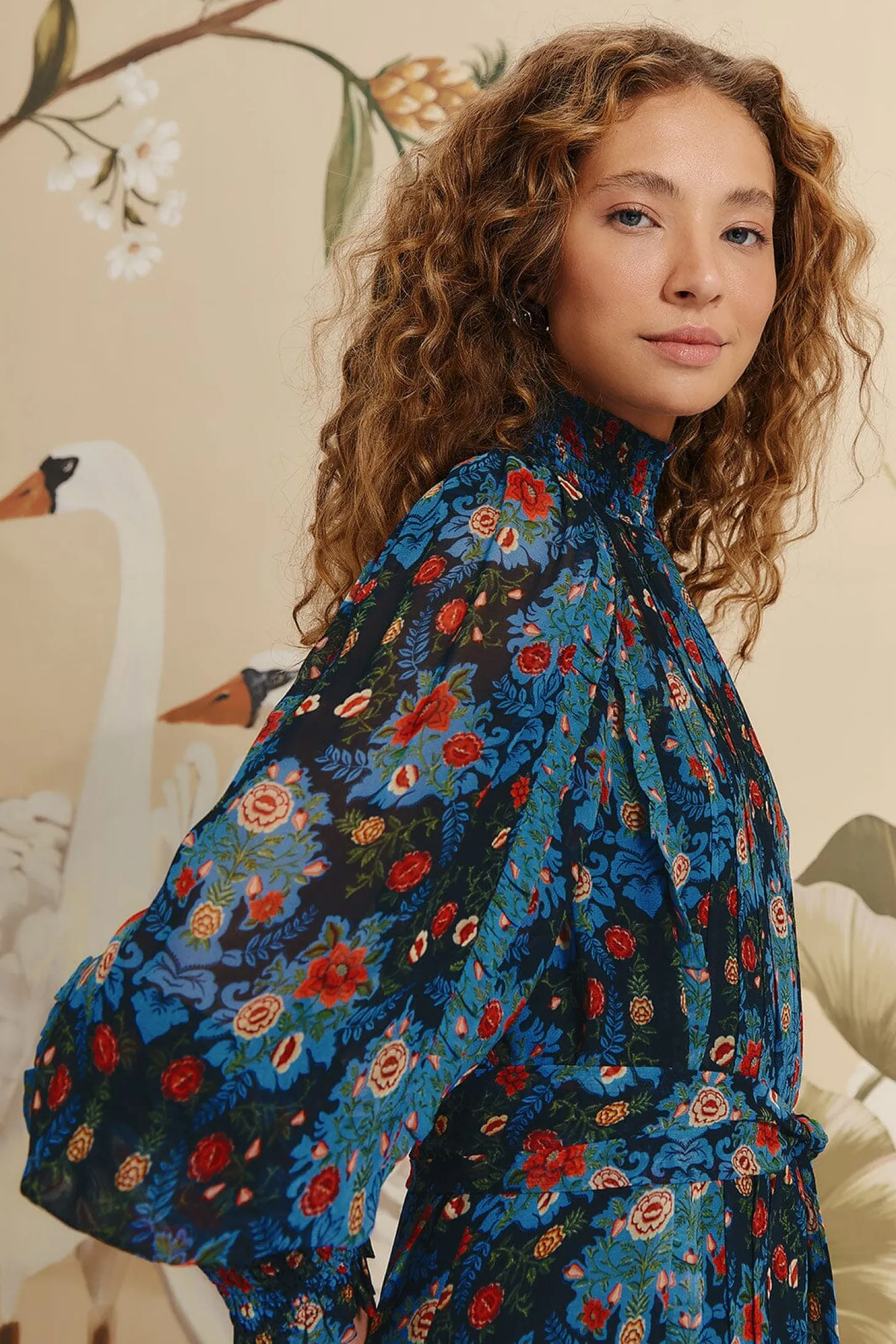 Arabesque Floral Blue High Neck Mini Dress