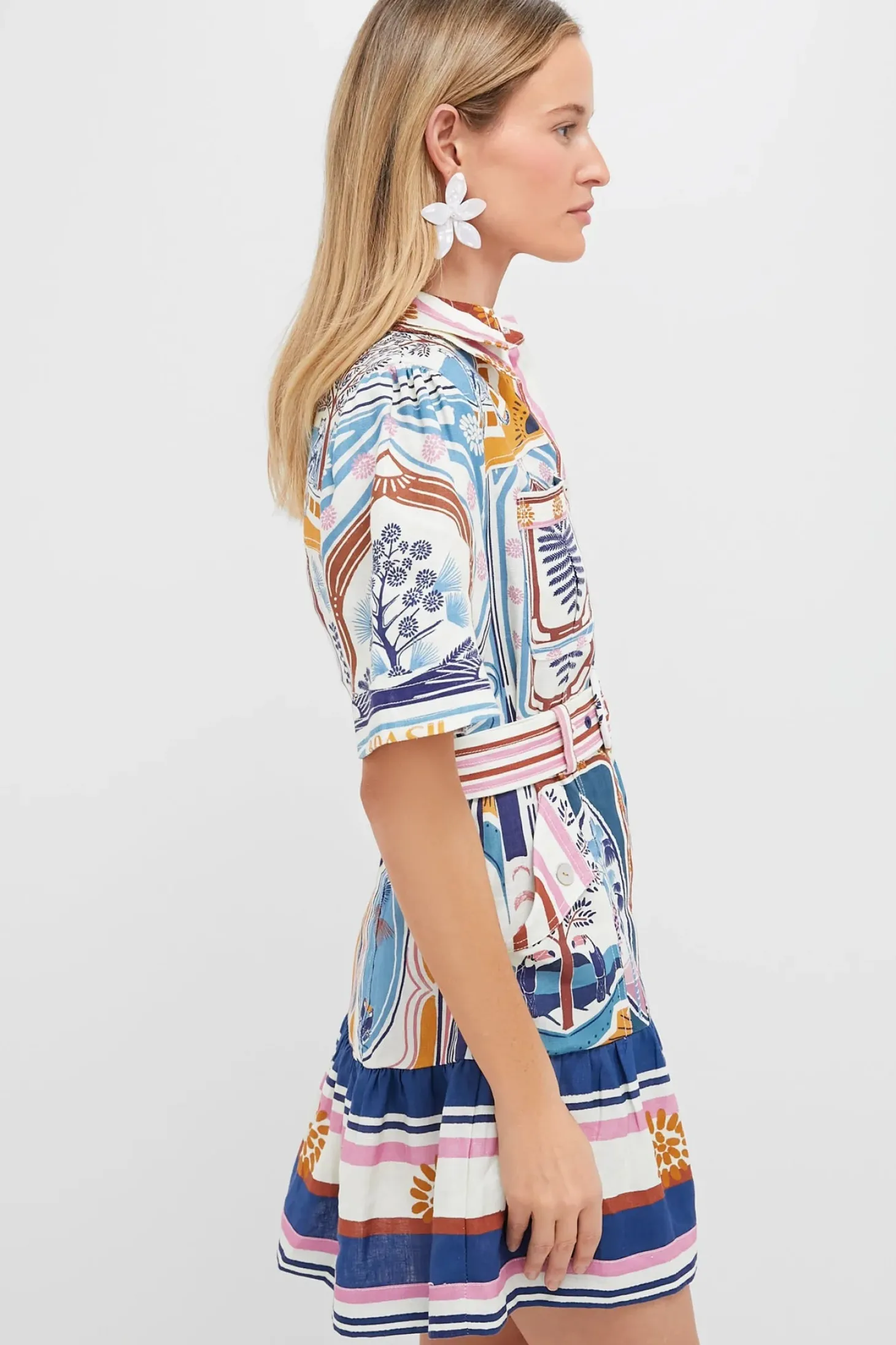 Cerrado Stamps Cream Short Sleeve Mini Dress