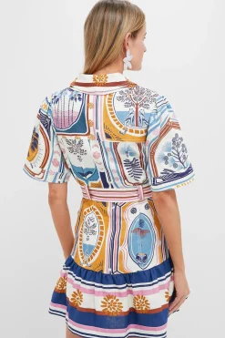 Cerrado Stamps Cream Short Sleeve Mini Dress
