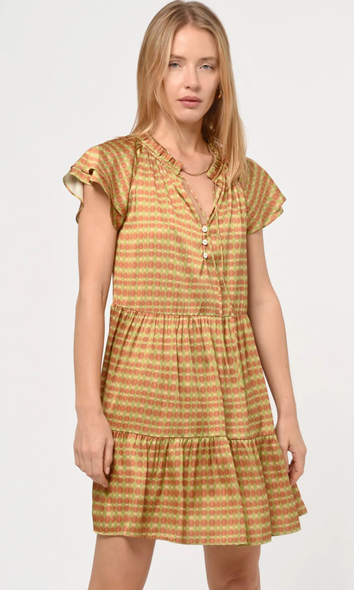 Ena Pull Over Flutter Sleeve Printed Dress ~ Copper