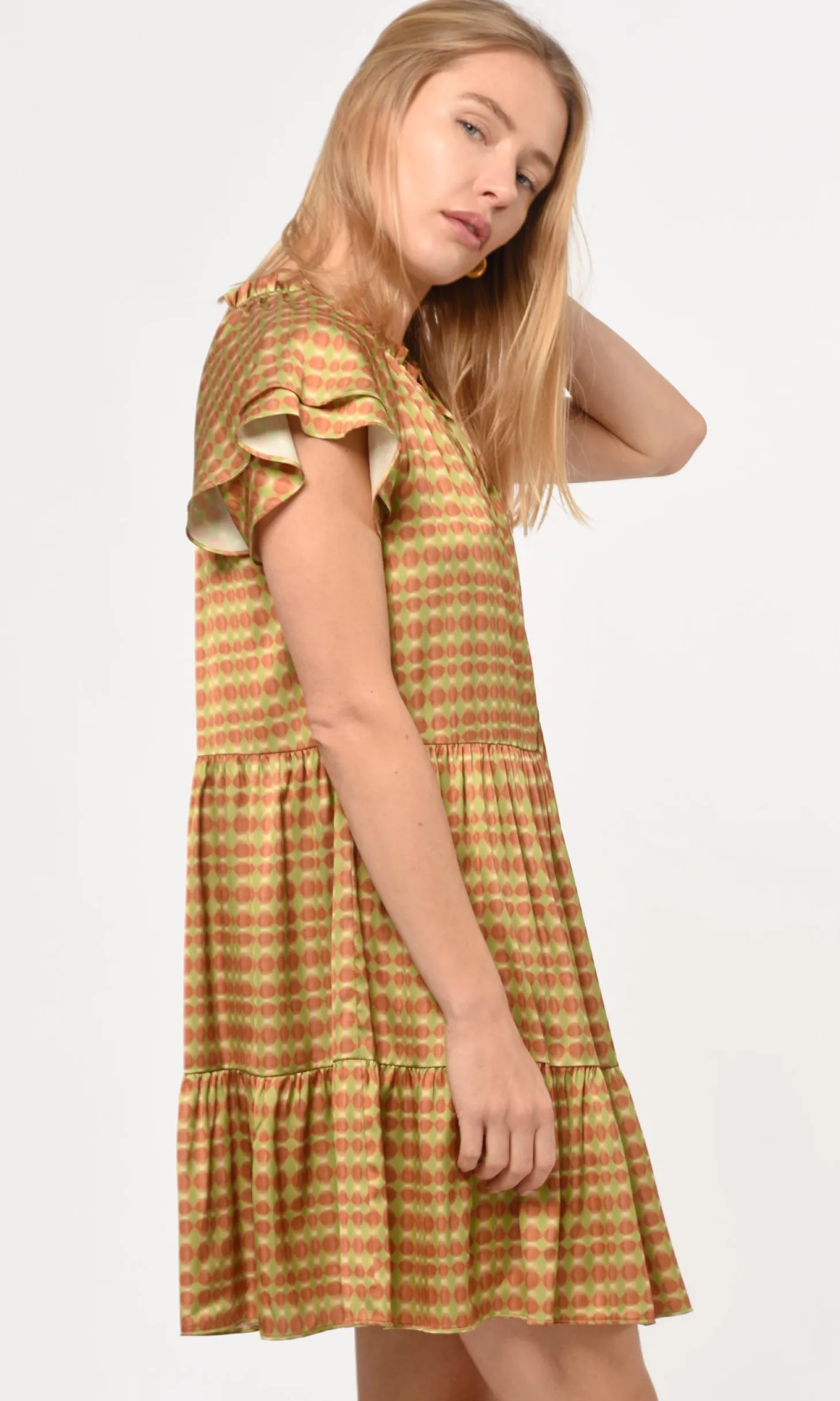 Ena Pull Over Flutter Sleeve Printed Dress ~ Copper