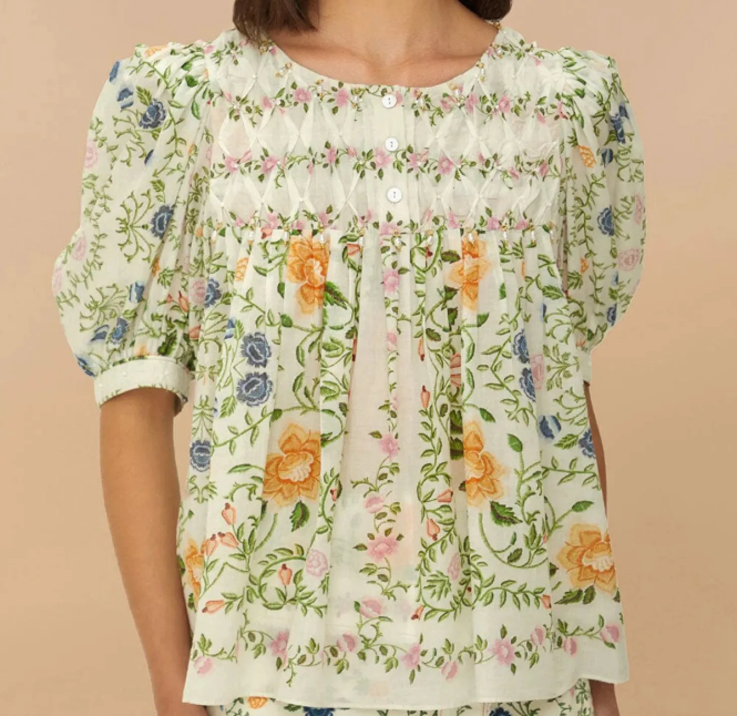 Folk Floral Off-White Short Sleeve Blouse