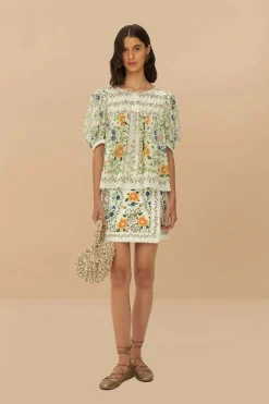 Folk Floral Off-White Short Sleeve Blouse