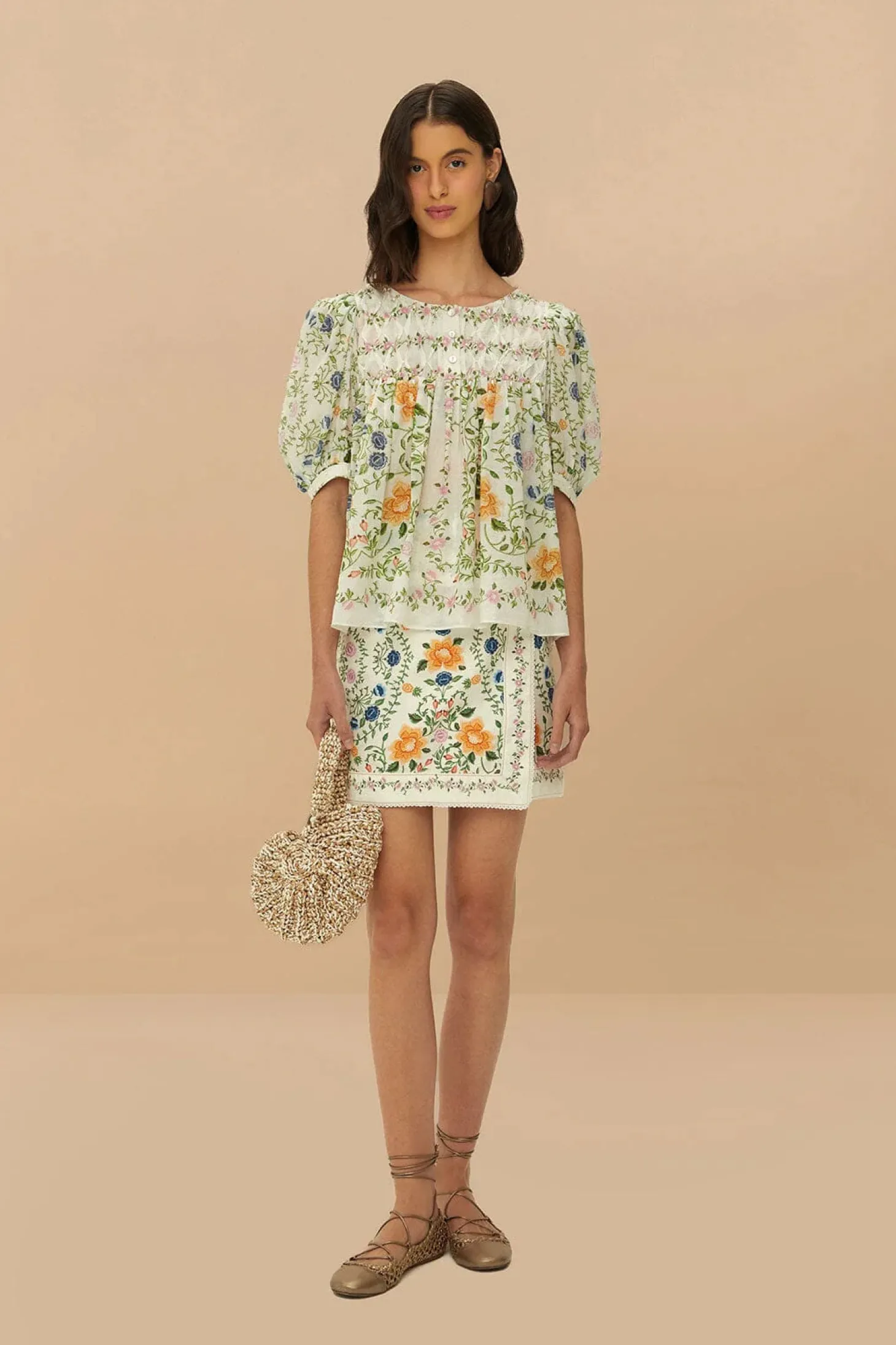 Folk Floral Off-White Short Sleeve Blouse