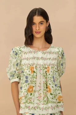 Folk Floral Off-White Short Sleeve Blouse