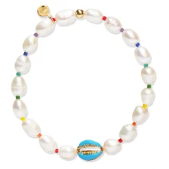 Hand Made Pearl Bracelet With Sea Shell And Rainbow Accents