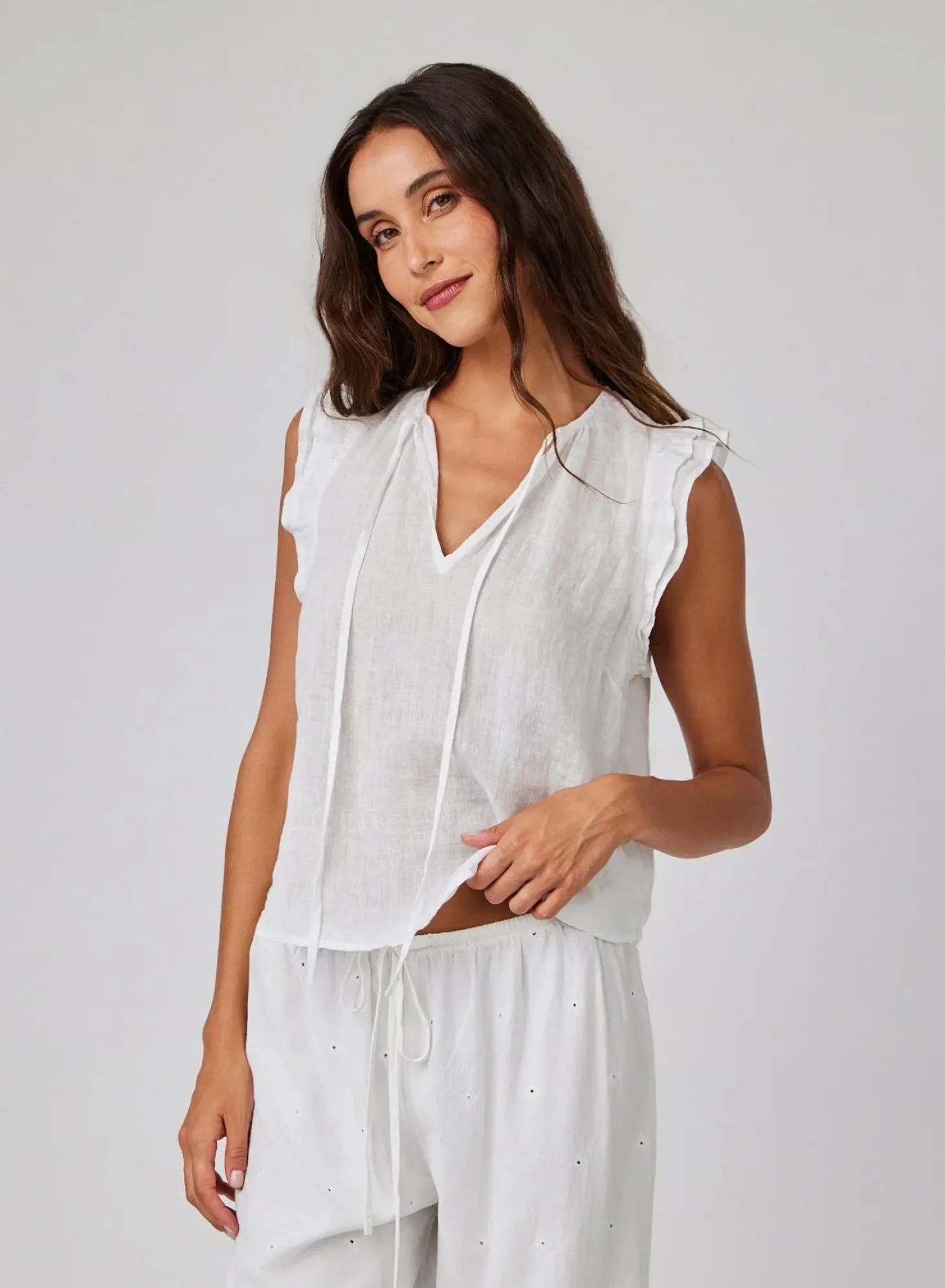 Ruffle Sleeve Tie Neck Top ~ White