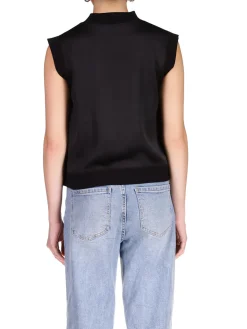 Satin Mixed Media Shell Top ~ Black