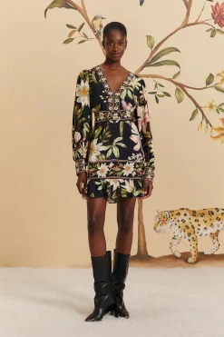 Surreal Flowers Black Long Sleeve Mini Dress