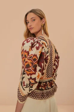 Toucans Scarf Puff Sleeve Blouse ~ Cream