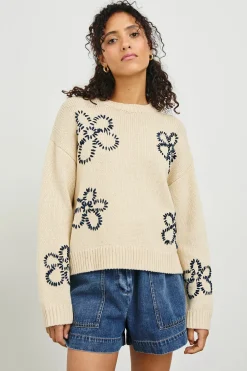 Zoey Sweater ~ Ivory Navy Stitched Daisies