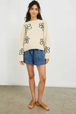 Zoey Sweater ~ Ivory Navy Stitched Daisies