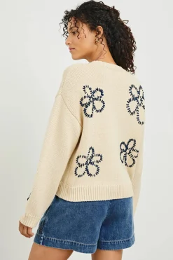 Zoey Sweater ~ Ivory Navy Stitched Daisies