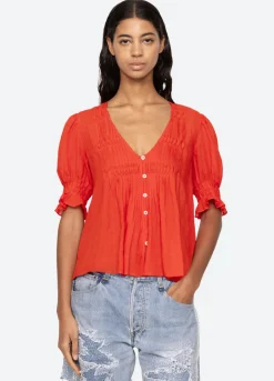 Zora Short Sleeve Button Down Top ~ Chili