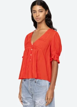 Zora Short Sleeve Button Down Top ~ Chili